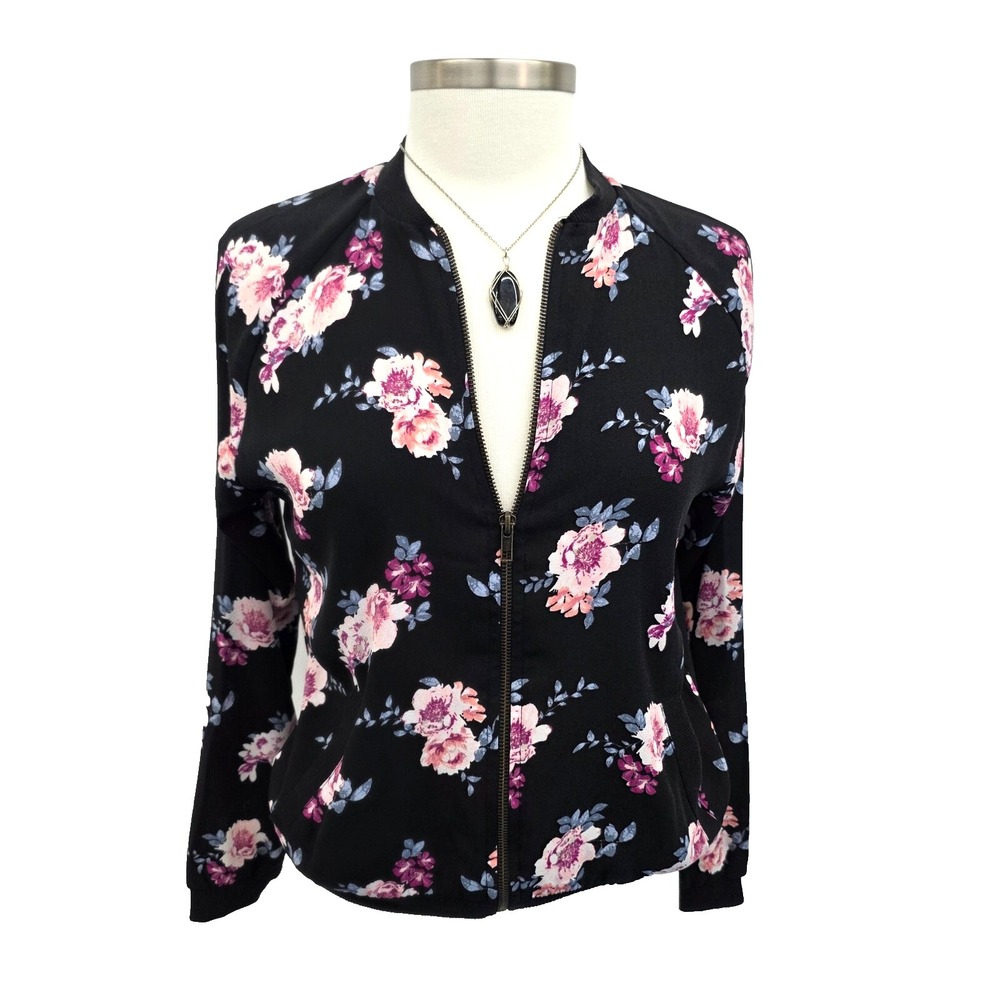 Floral‎ Zip Bomber Jacket S Black Pink Purple Casual Lightweight Boho Everyday